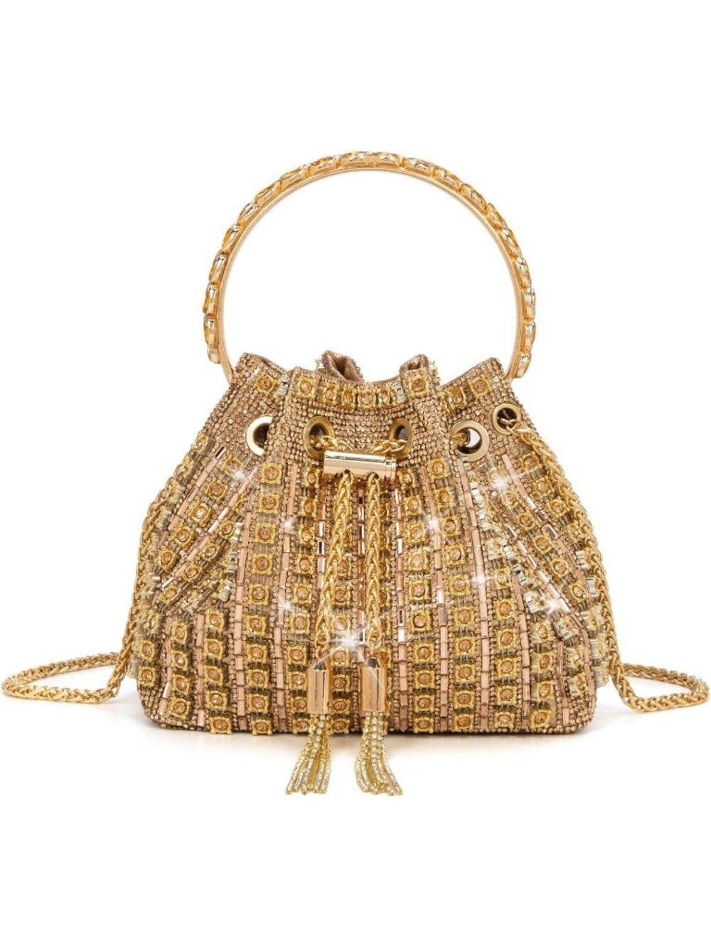 Women champagne Gold Sparkly Rhinestone Clutch Purse Diamond Chain Evening Bag